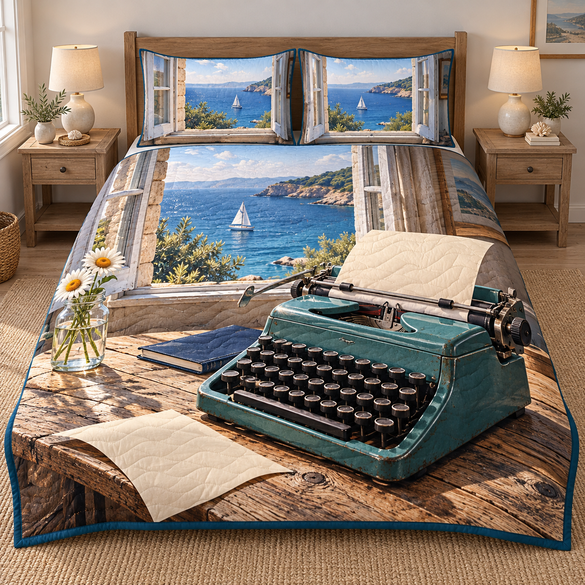 Seaside Writer Teal Typewriter Quilted Bedding Set. Flat printed teal typewriter, daisies and open coastal window with sailboat.