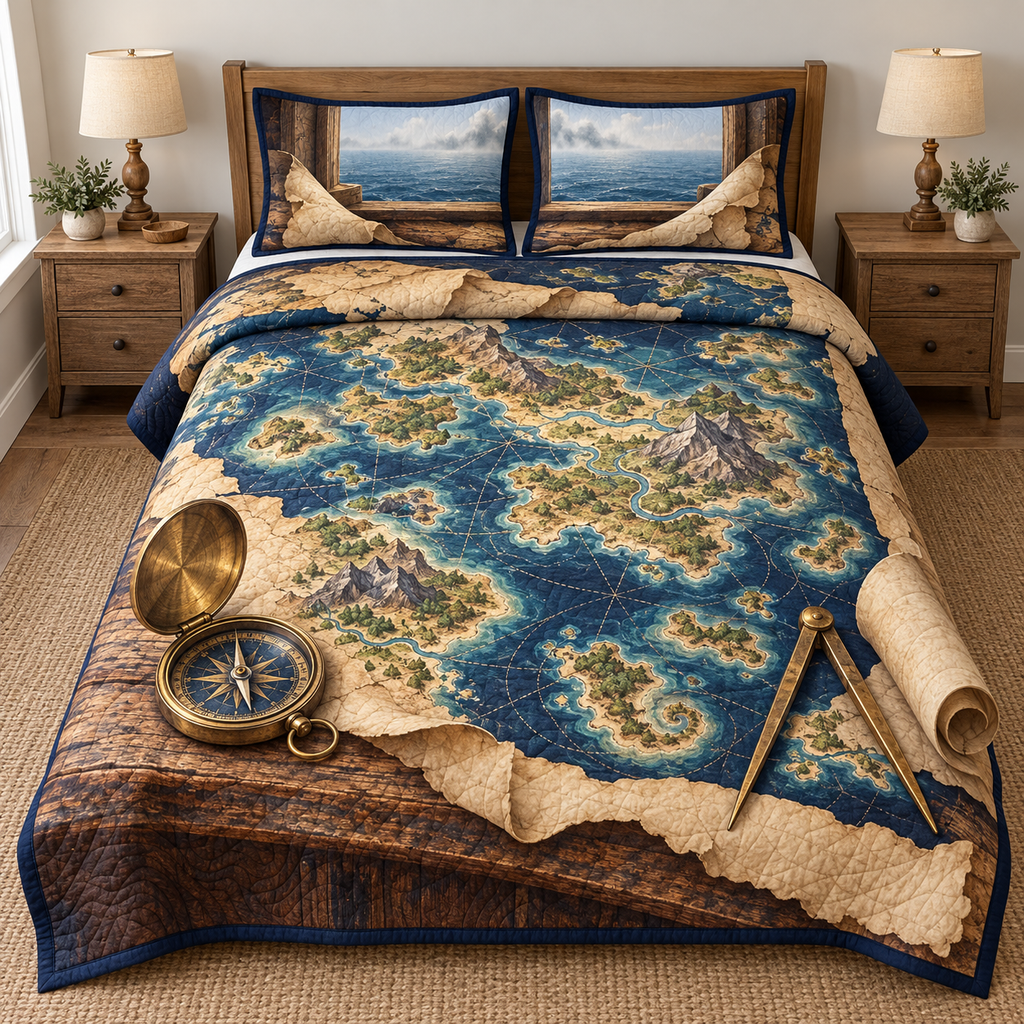 Fantasy Archipelago Compass Chart Quilted Bedding Set. Flat printed fictional island chart, open brass compass, divider and curled vellum on oak.