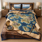 Fantasy Archipelago Compass Chart Quilted Bedding Set. Flat printed fictional island chart, open brass compass, divider and curled vellum on oak.