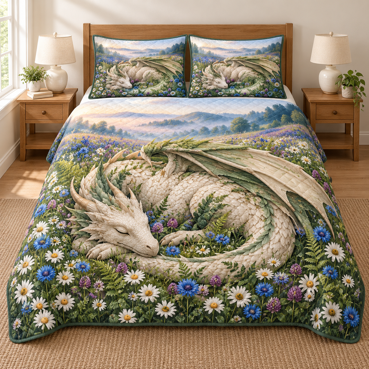 Sleeping Dragon Wildflower 3-Piece Quilted Bedding Set. Flat printed curled sleeping ivory dragon in wildflowers on one quilt and two shams.