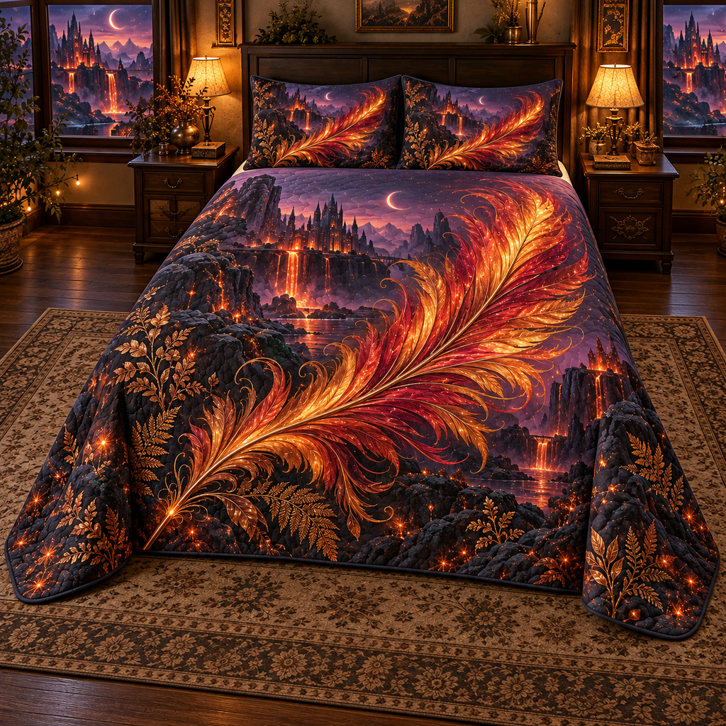 One quilt and two matching shams with copper gold phoenix feather and ember valley artwork, entirely flat printed; pillow inserts excluded.