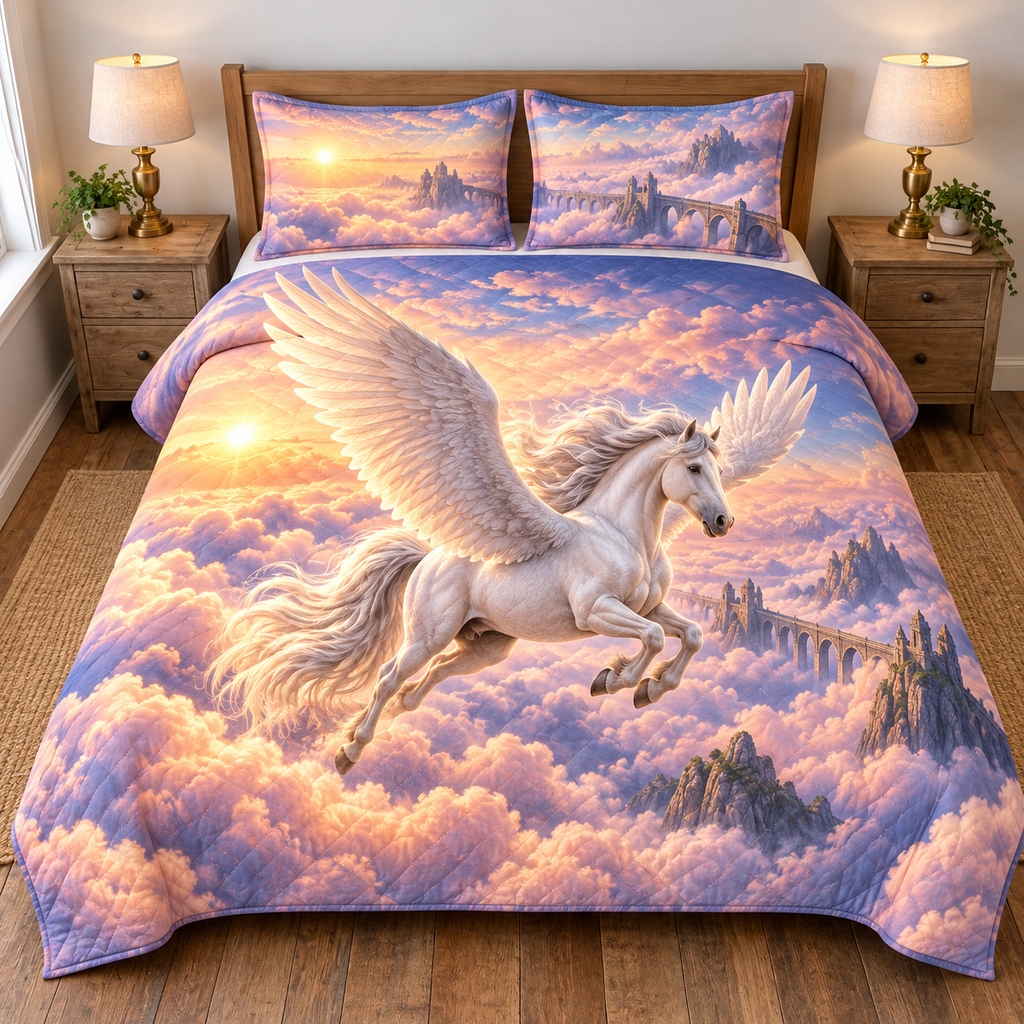 Sunrise Cloud Bridge Pegasus Quilted Bedding Set. Flat printed hornless pegasus above sunrise clouds and a distant stone bridge.
