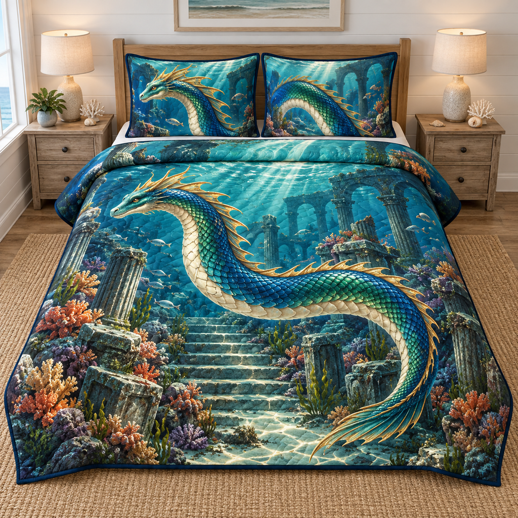 Sunken Ruins Sea Serpent Quilted Bedding Set. Flat printed continuous sea serpent above sunken stairs and columns.