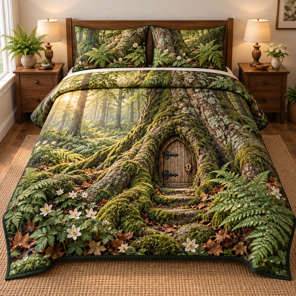 Beech Root Fairy Door Quilted Bedding Set. Flat printed miniature oak door in mossy beech roots and woodland ferns.