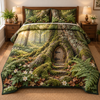 Beech Root Fairy Door Quilted Bedding Set. Flat printed miniature oak door in mossy beech roots and woodland ferns.