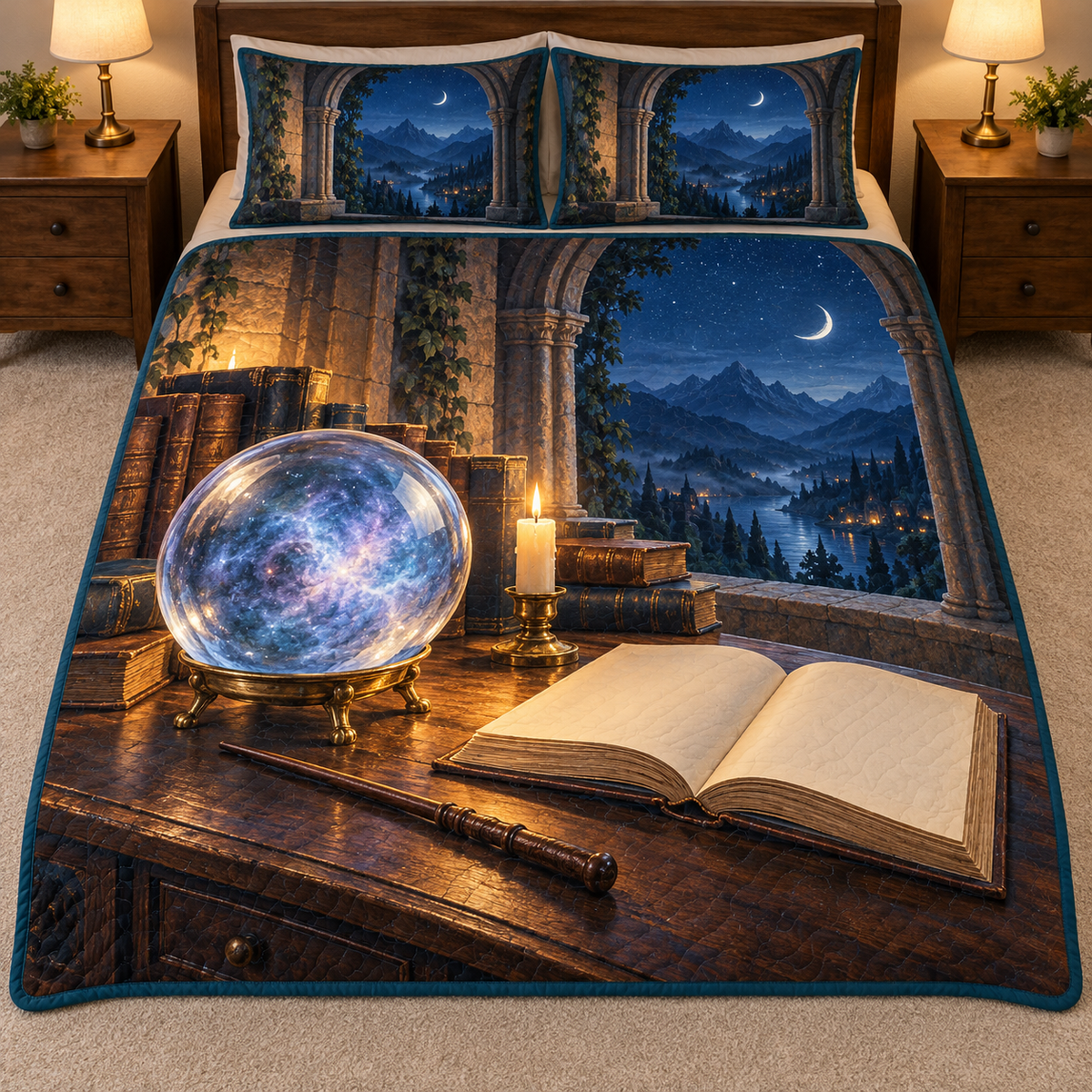 Entire thin quilt and two shams with crystal orb, blank book and wand in stone tower study, flat printed optical depth