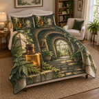 A printed quilt and two matching shams with amber apothecary glass, overlapping ferns and receding stone arches toward a sunlit glasshouse window.