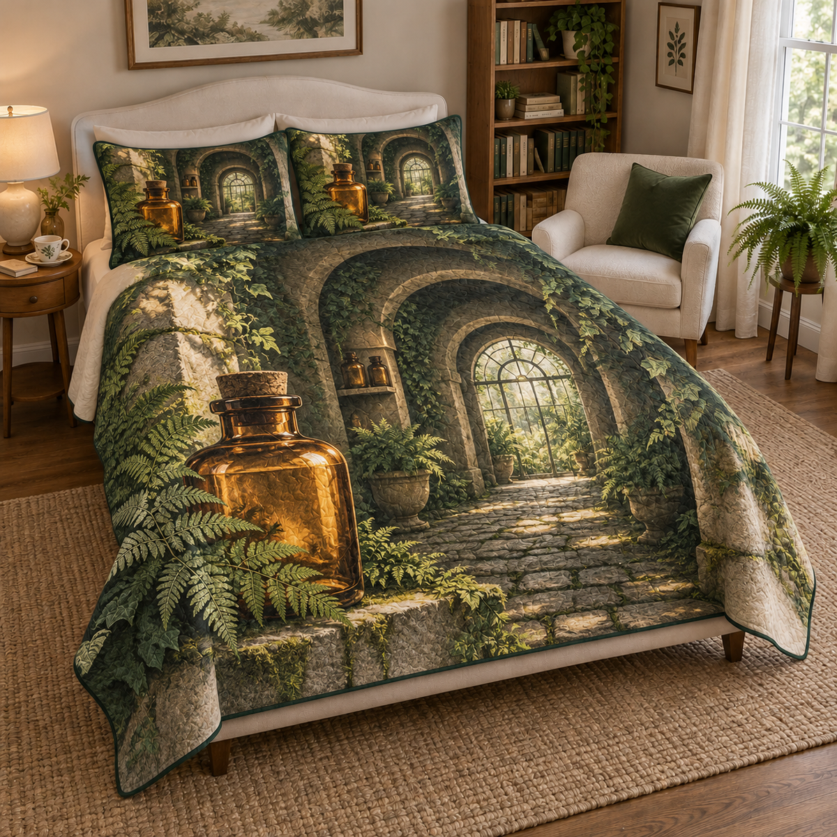 A printed quilt and two matching shams with amber apothecary glass, overlapping ferns and receding stone arches toward a sunlit glasshouse window.