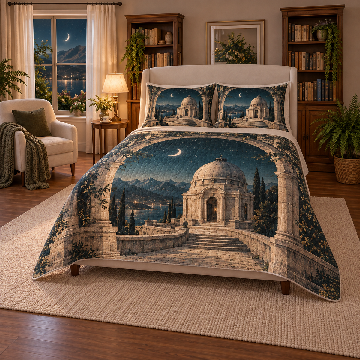 One quilt and two matching shams printed with a domed stone observatory, curved steps, vine-lined arches and a crescent moon over a lake and mountains.