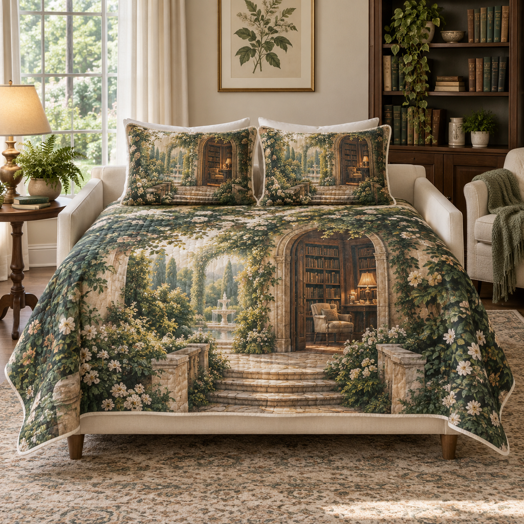 One quilt and two matching shams printed with an open stone library arch, oak bookshelves, reading chair, warm lamp, garden fountain and cobbled steps.