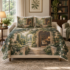One quilt and two matching shams printed with an open stone library arch, oak bookshelves, reading chair, warm lamp, garden fountain and cobbled steps.