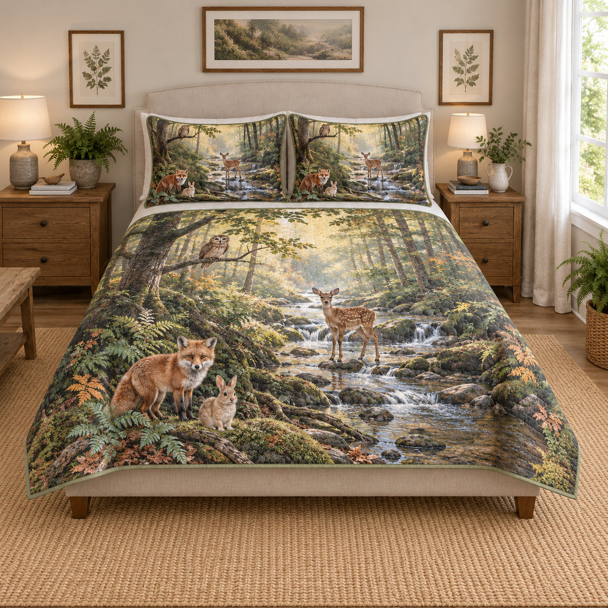A printed quilt and two matching shams showing a fox, rabbit, deer and owl beside a layered woodland creek.