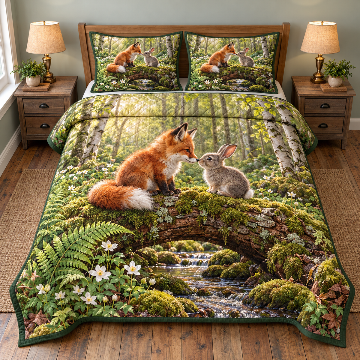 Thin quilt and two matching shams with flat printed fox and gray rabbit touching noses on a mossy log