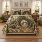 One quilt and two matching shams printed with a sleeping brown bear cub, a fern-lined leaf bed and mossy root arches framing a distant birch woodland path.
