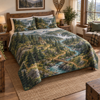 One quilt and two matching shams printed with an oblique forest adventure map, winding stream, wooden bridge, branching trails and a distant waterfall.