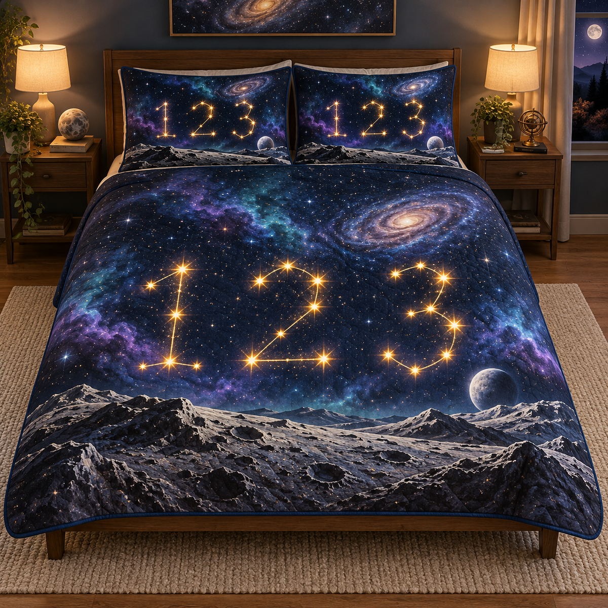 One quilt and two matching shams printed with golden star-line digits 1 2 3 above a rocky lunar landscape, nebula clouds, a planet and distant spiral galaxy.
