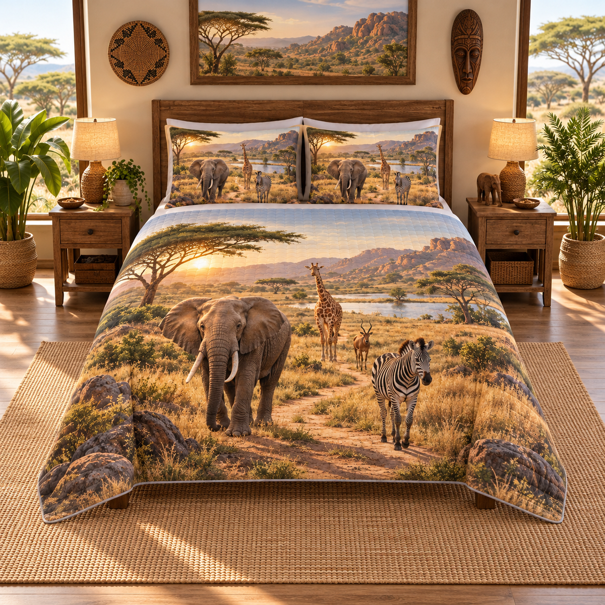 One quilt and two matching shams printed with an elephant, zebra, giraffe and antelope on a savanna trail beside acacias and a distant watering hole.