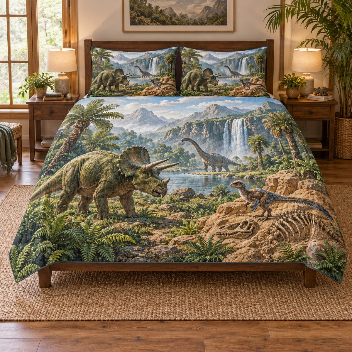 One quilt and two matching shams printed with a triceratops, a small feathered dinosaur beside a fossil outcrop, and a sauropod in a waterfall valley.