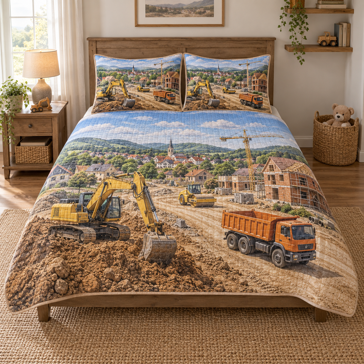 One quilt and two matching shams printed with a tracked excavator, dump truck, road roller and crane beside houses under construction and a distant town.