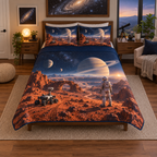 One quilt and two matching shams printed with a planetary rover, space-suited explorer, red canyon arch, ringed planet and two moons.
