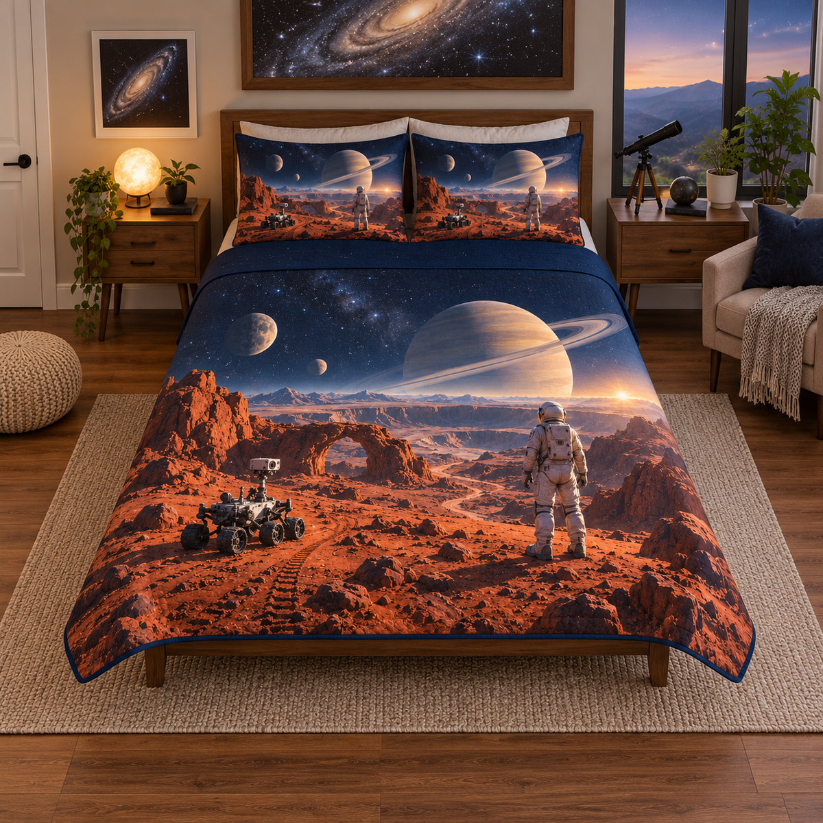 One quilt and two matching shams printed with a planetary rover, space-suited explorer, red canyon arch, ringed planet and two moons.