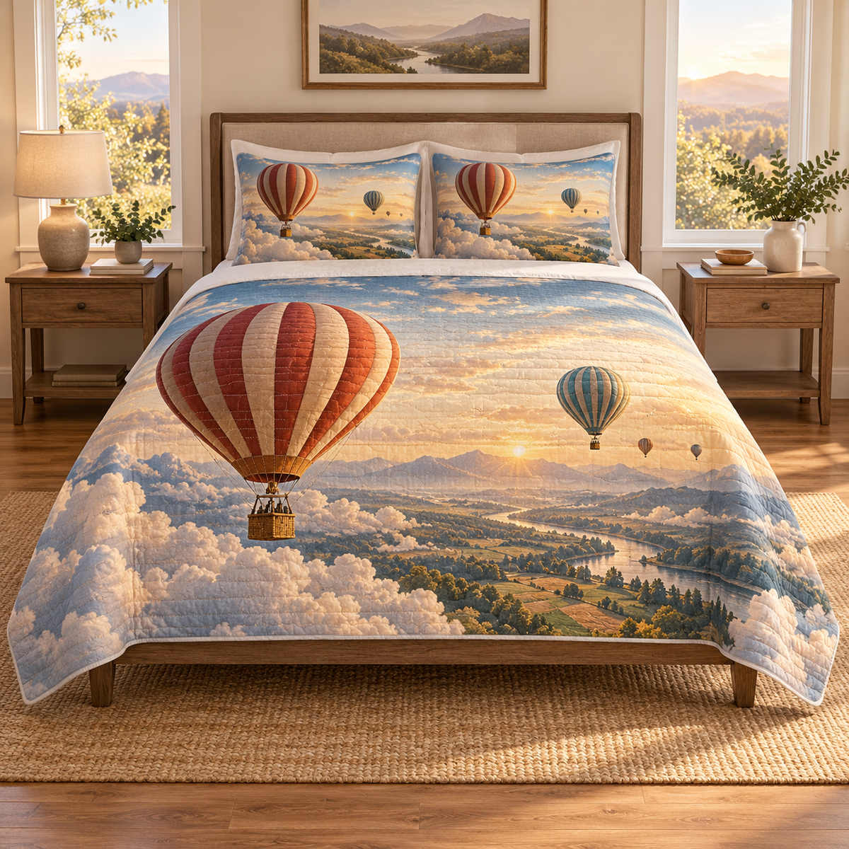 One quilt and two matching shams printed with striped hot air balloons above cloud banks, a winding river valley and distant sunrise mountains.
