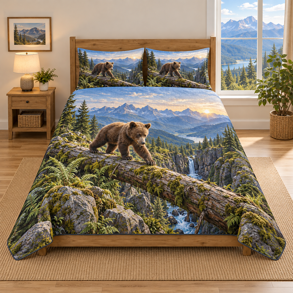 A three-piece quilted bedding set printed with a bear cub crossing a fallen log above an alpine gorge and waterfall.
