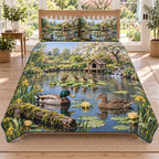 A three-piece quilted bedding set printed with two mallards, four ducklings, water lilies and a garden duck pond.