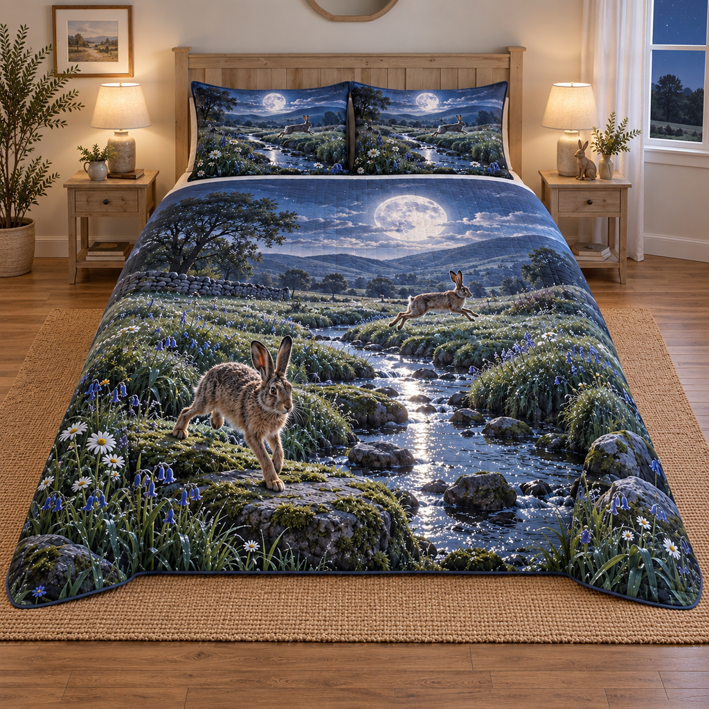 A three-piece quilted bedding set printed with two rabbits crossing a moonlit meadow brook among flowers and stepping stones.