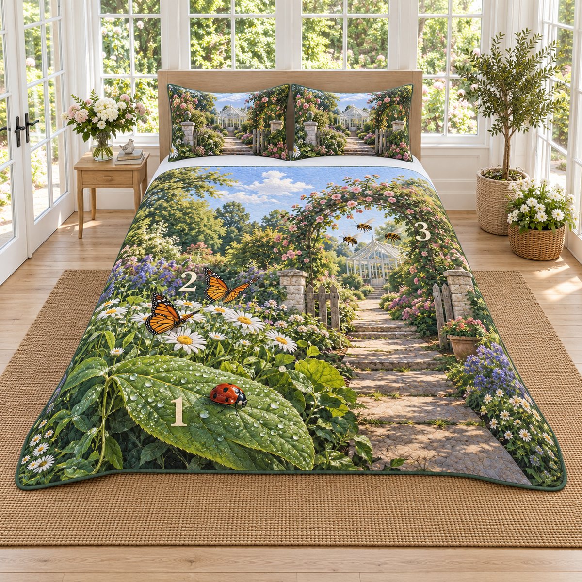 A three-piece quilted bedding set printed with one ladybug, two butterflies and three bees paired with numerals 1, 2 and 3 in a layered garden.