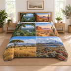A three-piece quilted bedding set printed with rainforest, desert, grassland and tundra landscape windows.