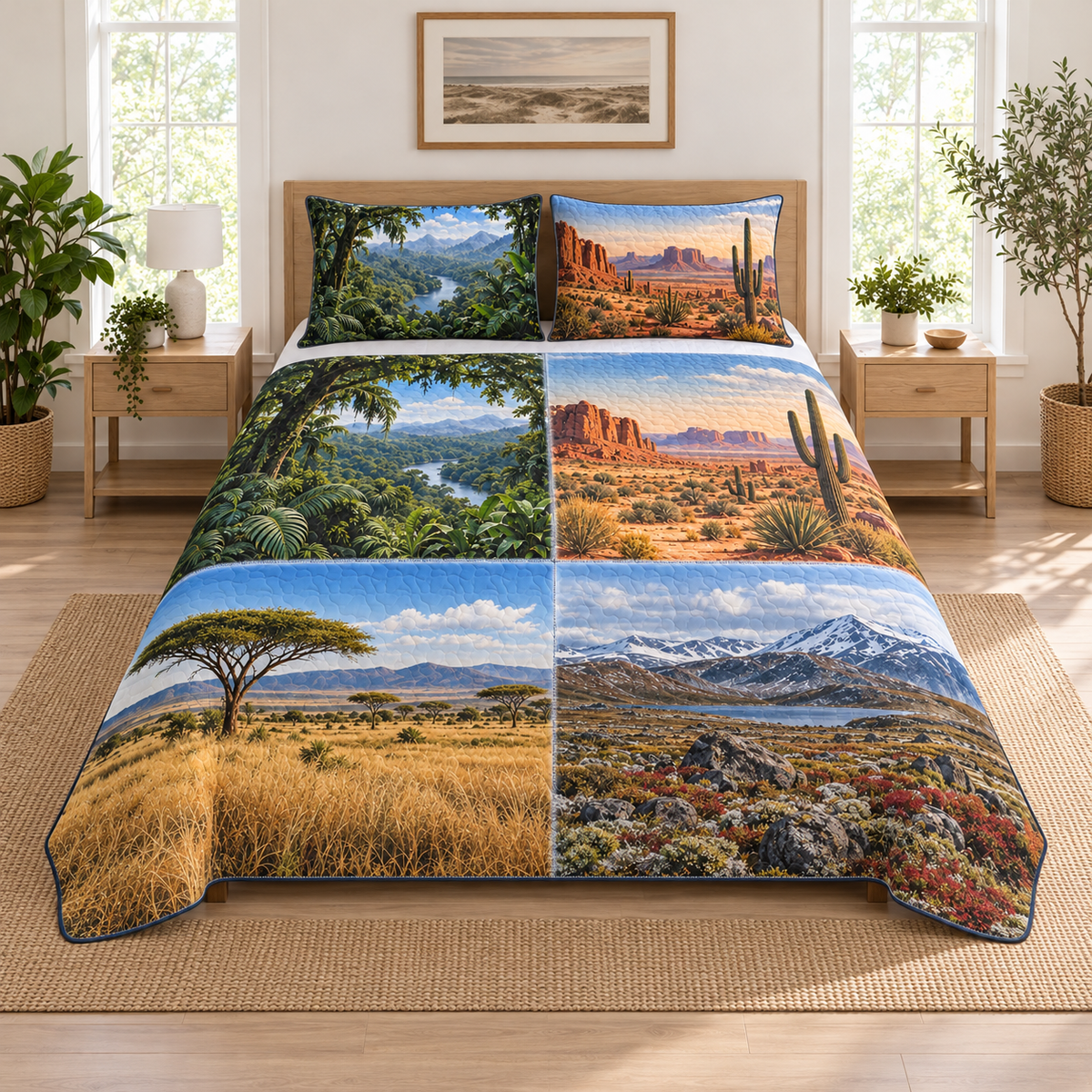 A three-piece quilted bedding set printed with rainforest, desert, grassland and tundra landscape windows.