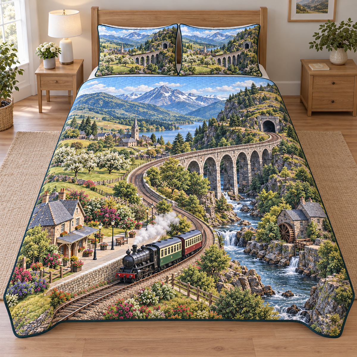 A three-piece quilted bedding set printed with a village railway route from a station across a stone viaduct toward a mountain tunnel.