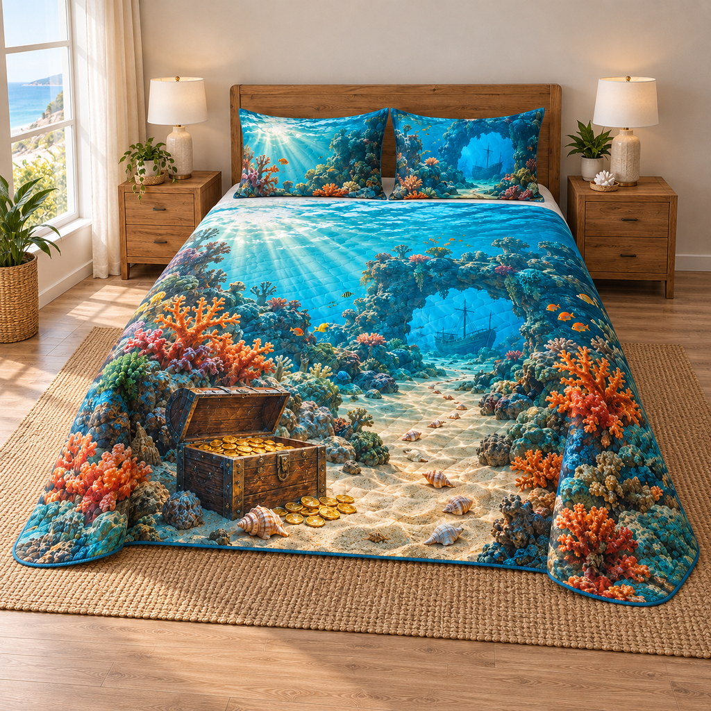 A three-piece quilted bedding set printed with an underwater treasure chest, shell-marked sandy route, coral arch and distant shipwreck.