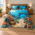 A three-piece quilted bedding set printed with an underwater treasure chest, shell-marked sandy route, coral arch and distant shipwreck.