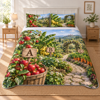 A three-piece quilted bedding set printed with A for apples, B for bananas and C for carrots in a layered produce garden.