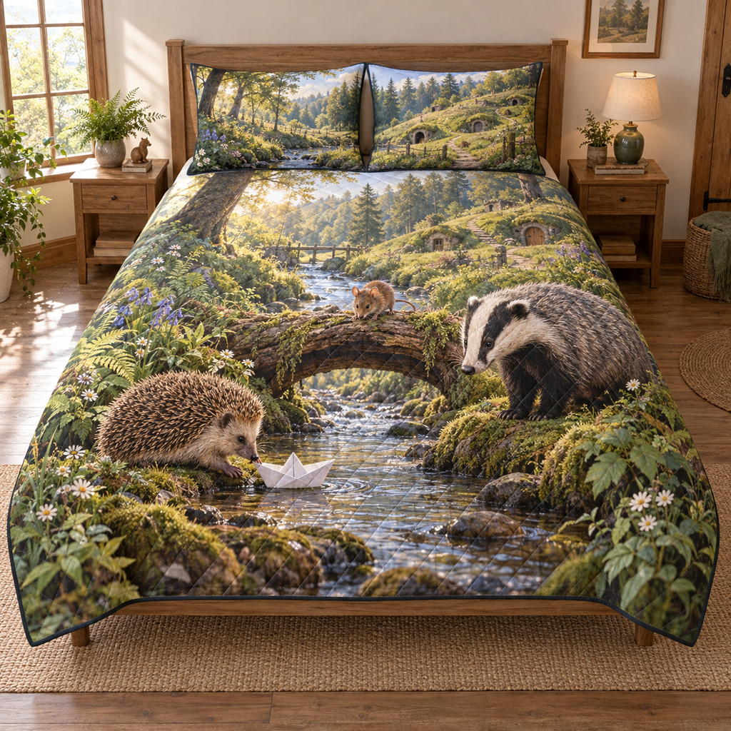 A three-piece quilted bedding set printed with a hedgehog, badger and mouse beside a paper boat on a woodland creek.