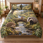 A three-piece quilted bedding set printed with a hedgehog, badger and mouse beside a paper boat on a woodland creek.