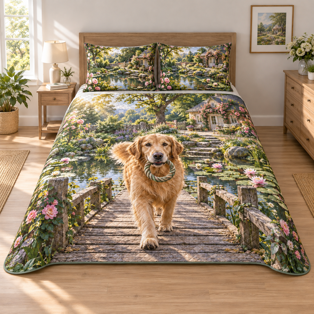 A three-piece quilted bedding set printed with a golden retriever carrying a rope ring across a garden pond bridge.
