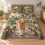 A three-piece quilted bedding set printed with a golden retriever carrying a rope ring across a garden pond bridge.
