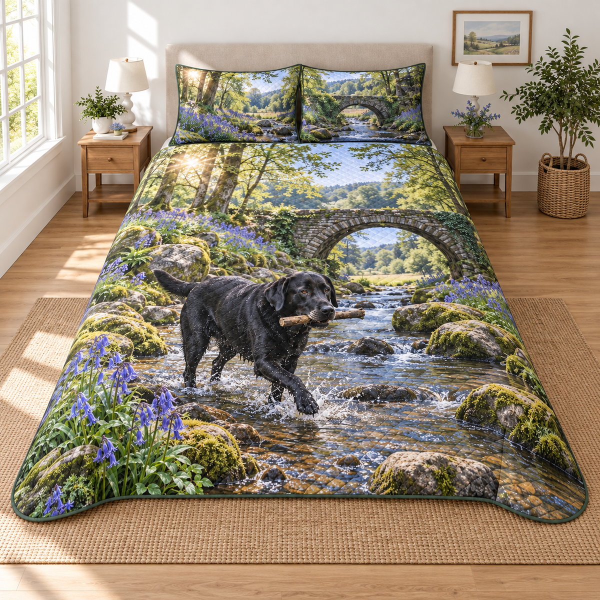 A three-piece quilted bedding set printed with a black Labrador carrying a stick through a bluebell woodland creek.