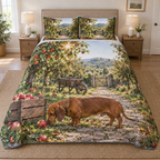 A three-piece quilted bedding set printed with a dachshund sniffing an apple beside a wooden crate in a layered orchard.