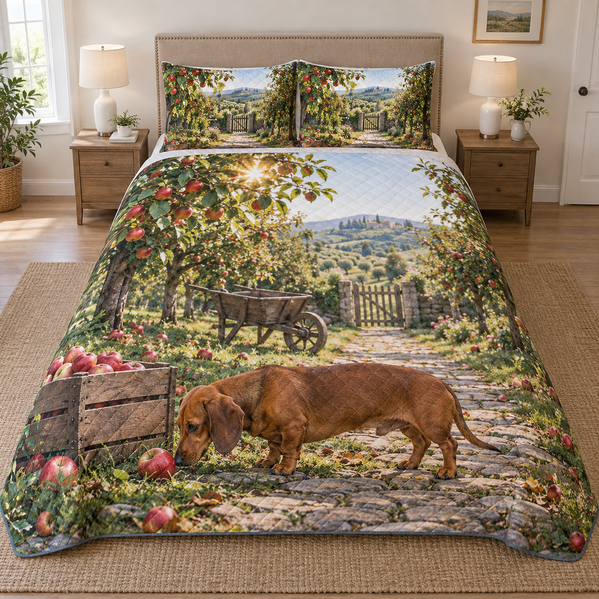 A three-piece quilted bedding set printed with a dachshund sniffing an apple beside a wooden crate in a layered orchard.