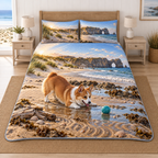 A three-piece quilted bedding set printed with a playful corgi and turquoise ball beside a tidepool, dunes and distant sea arch.
