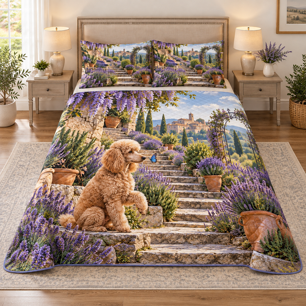 A three-piece quilted bedding set printed with an apricot poodle watching a blue butterfly beside layered lavender garden steps.