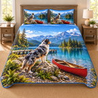 Flat printed lakeshore artwork with a blue merle Australian shepherd, red canoe, wooden jetty, pine island and distant mountains.
