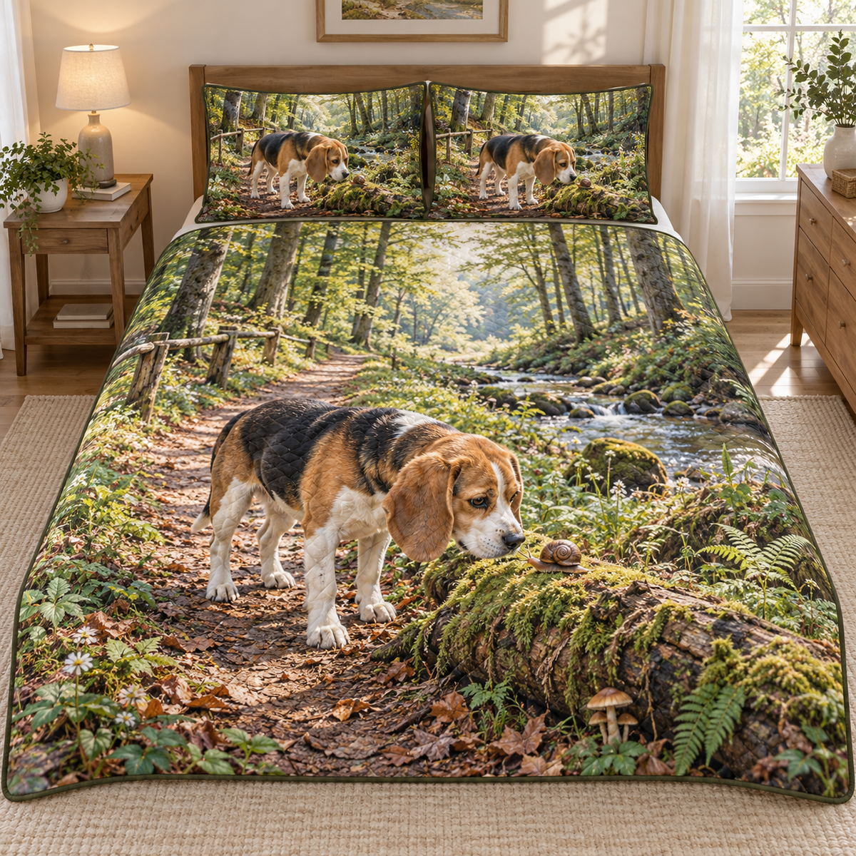 Flat printed woodland artwork with a beagle investigating a snail on a mossy log, layered fern path, brook and beech forest.
