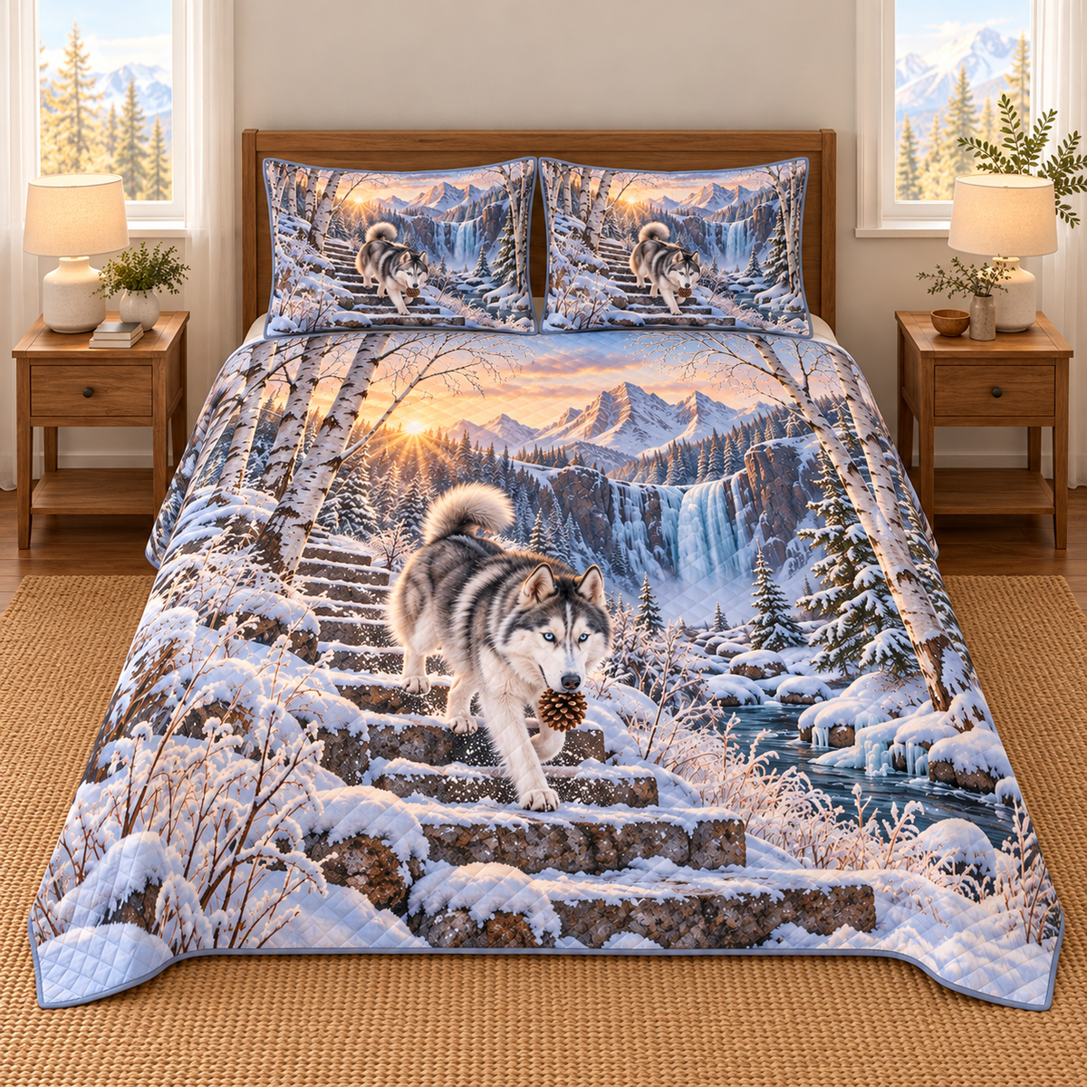 Flat printed winter artwork with a husky carrying a pinecone down snowy steps, layered birch arch, partly frozen brook and waterfall.
