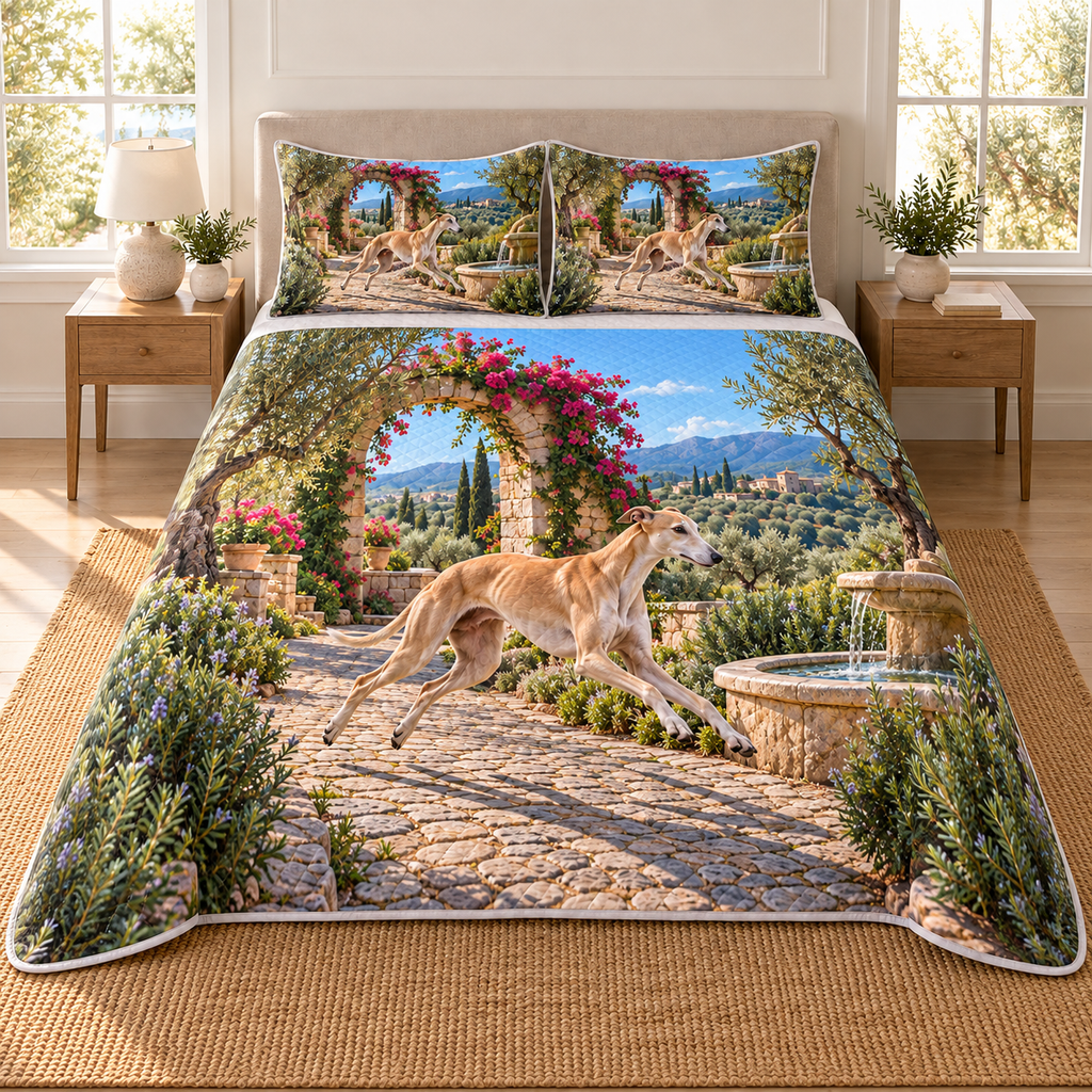 Flat printed garden artwork with a running fawn greyhound, cobblestone path, fountain edge, flowering stone arch and olive hills.