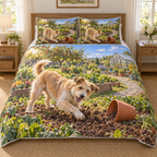 Flat printed garden artwork with a scruffy mixed-breed dog digging beside a terracotta pot, raised beds and a distant greenhouse.
